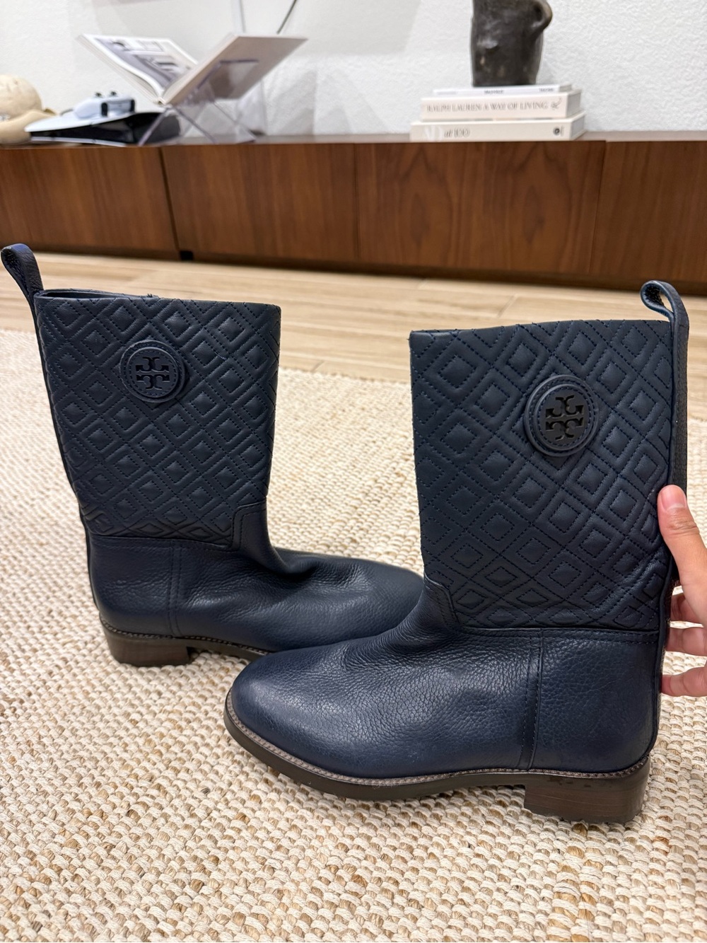 Tory Burch Quilted Leather Mid-Calf Boots in Navy